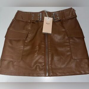 Blashe Junior's Faux Leather With Belt Mini Skirt in Coffee Brown